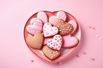 Heart shaped cookies on a pink background plate National Cookie Day