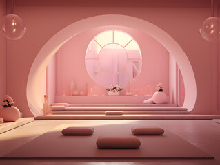 Interior of pink modern Japanese living room with  walls, concrete floor, white round mirror. 3d rendering