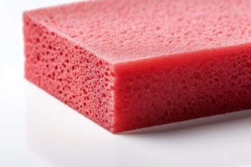 High quality closeup photo of a red foam sponge for dishwashing isolated on white background