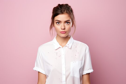 High quality photo of a woman in a stained white shirt on a pink background Space for text