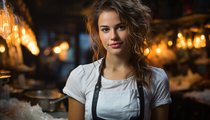 Fototapeta na wymiar Young woman barista smiling, working in small business generated by AI