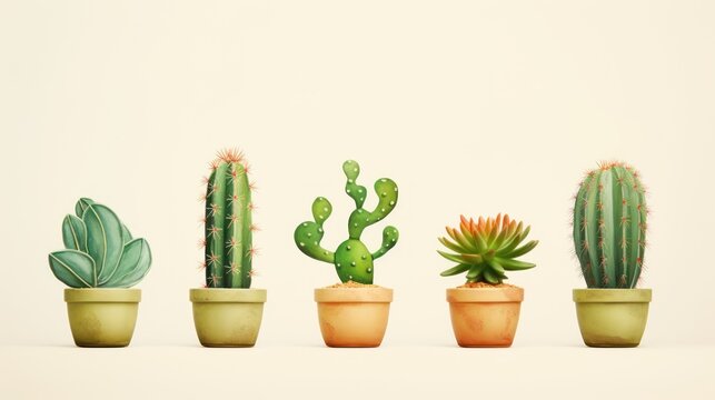 A watercolor style, minimal cartoon illustration of different cactuses, green, craft paper.