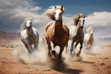 Horses gallop across desert beneath sky