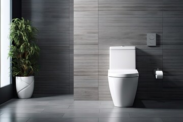 Interior of a toilet room with white toilet shower cabin and gray walls - obrazy, fototapety, plakaty