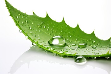 Isolated aloe vera leaf with latex and water drops on white background
