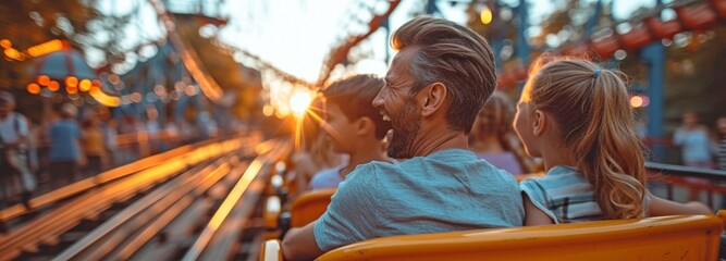 A young family enjoying a theme park rollercoaster ride. yelling, laughing, and having a great time on their summer holiday together