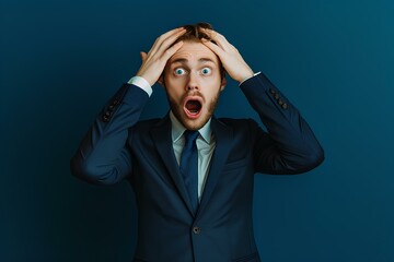 male businessman surprised, wearing suit with hands on his head, isolated on blue background. generative AI