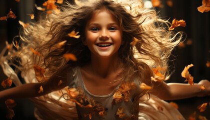 Smiling girl enjoys autumn, throwing leaves, carefree and happy generated by AI