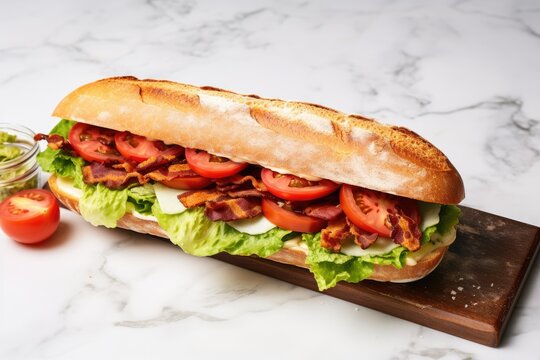 Bahn mi style baguette sandwich with bacon cheese tomatoes and lettuce served on a metal tray on a white marble background