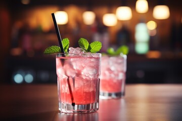 Selective focus on a pink cocktail with ice and mint.