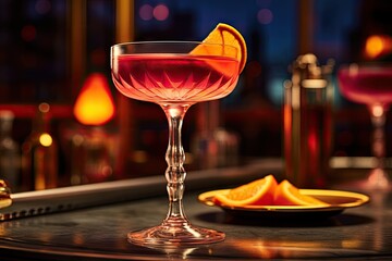 A bar setting with a closeup view of a glass filled with a cosmopolitan cocktail, garnished with a slice of orange.