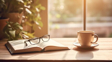 A Light colored books on a wooden table with a cup of coffee. reading glasses and a notebook and pen. Soft sunlight streams through the window. This creates a warm glow in the scene.