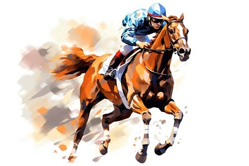 Jockey racing horse for sport champion on racetrack equestrian in derby isolated on white - obrazy, fototapety, plakaty