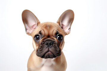 Fototapeta premium Beautiful French bulldog puppy posing close up on white background expressing motion and pet affection with copy space for ads Directly gazing at the camera