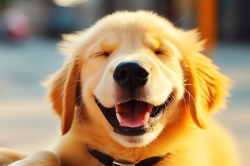 Joyful puppy winking and smiling on yellow background with closed eyes