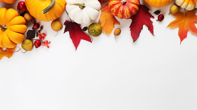 festive autumn decor from pumpkins berries and leaves on white background