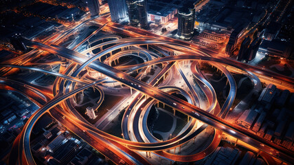 top view , night , roundabout interchange of a city, Expressway is an important infrastructure