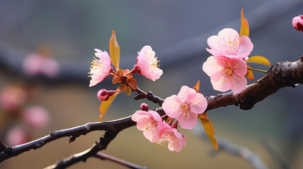 A close-up of a sakura or Cherry Blossom with veins and spots, detaching from a branch with other green and yellow leaves, against a blurred background of a forest in autumn, nature photography