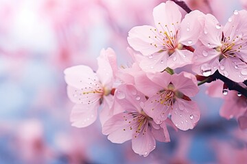 Obraz premium Abstract blurred background with fresh rain and spring flowers
