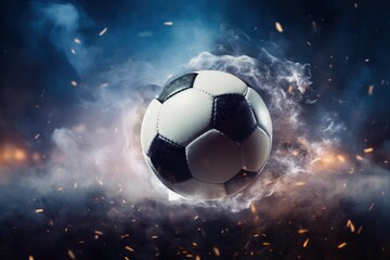 Naklejka premium Abstract background with bokeh and smoke featuring a floating soccer ball in a football stadium