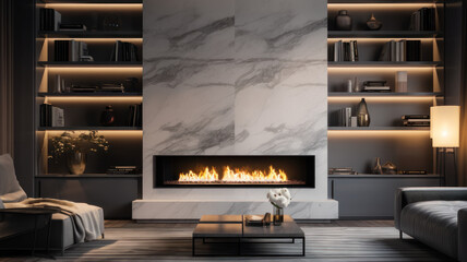 living room, marble wall fireplace and stylish bookcase to the ceiling in a chic expensive interior of a luxurious country house  a modern design wood and led light, gray furniturу