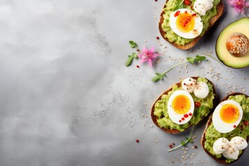Avocado guacamole radish egg seeds on toast Nutritious and tasty plant based breakfast Flat lay top view Banner