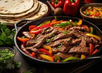 Bell peppers and tortilla bread with beef fajitas and sauces in a pan