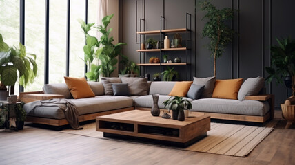 minimalist interior open space  design modular sofa, furniture, wooden coffee tables,  pillows, tropical plants  elegant personal accessories in stylish home decor. Neutral living room