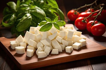 Cubed mozzarella cheese on wooden cutting board