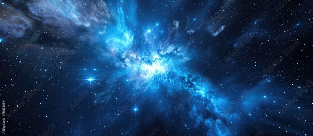 Poster computer generated rendering of a pentagon particle-filled blue nebula in deep space