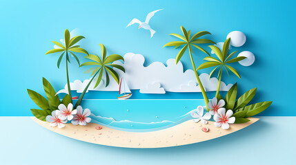 summer sale design with paper cut beach island