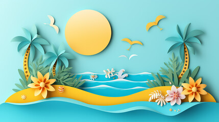 Fototapeta na wymiar summer time with paper cut symbol icon for vacation
