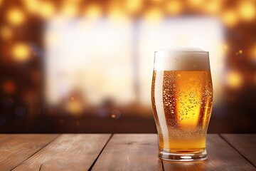 Condensed cold beer glasses on wooden table with blurred background of pub Automated AI generation