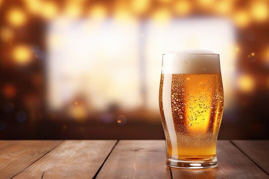 Condensed cold beer glasses on wooden table with blurred background of pub Automated AI generation