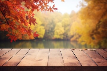 Naklejka na ściany i meble Empty space on a table with an autumn background perfect for displaying your product