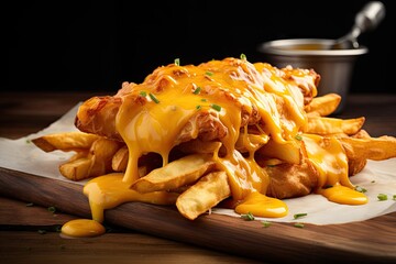Deep fried fries topped with cheddar cheese poured or pulled