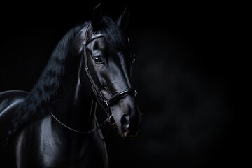 Black Arabian horse portrait on dark background