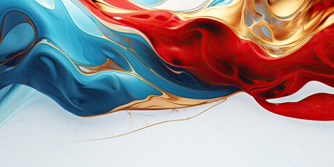 Close up of red, blue, and gold liquid on a white background