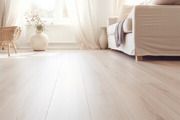 Install laminate flooring with a warm interior design featuring light wooden texture and a beige...