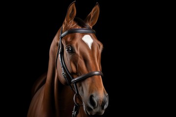Black background isolated portrait of a beautiful chestnut dressage Budyonny gelding horse wearing a bridle