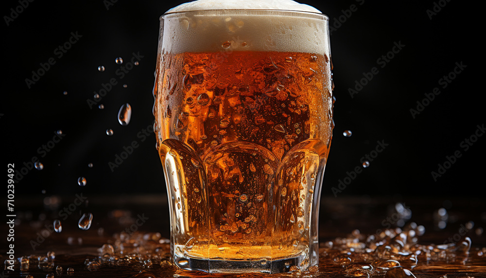 Poster a refreshing pint of frothy beer on a dark table generated by ai