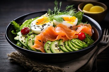 Nourishing morning meal with egg smoked salmon and avocado