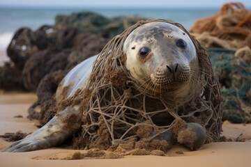 Photographs of an Atlantic Grey Seal unfortunately entangled in a fishing net remnants show the seal finding respite on Horsey Beach in Norfolk England These images were employed pg