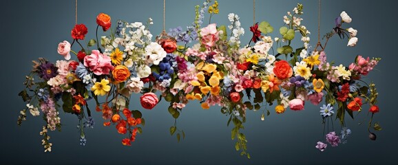 Colorful hanging flowers on a detailed background
