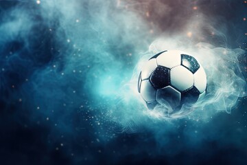 Soccer ball floating at stadium with abstract smoke and bokeh background
