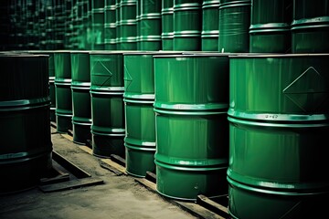 Stacked chemical drums and green oil barrels