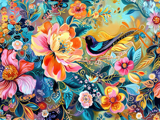 Fototapeta premium Poetic Classic and Hand Painted Retro Vintage Style Fine Art canvas for wallpaper and background with Colorful Peacocks, birds, Flowers and plants, Nature-inspired and floral botanical, ornamental