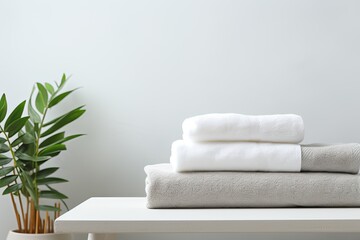 There is a table with a light grey background where a stack of clean soft white towels is placed There is also ample space available for including text or caption - obrazy, fototapety, plakaty