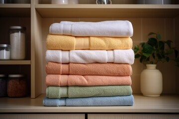 Tidy and clean towels stacked neatly within the confines of a room portraying the actions associated with maintaining a household and reflecting a particular way of living