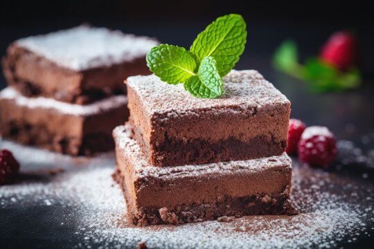 Toned image of a flourless chocolate sponge cake with sugar powder on a light background